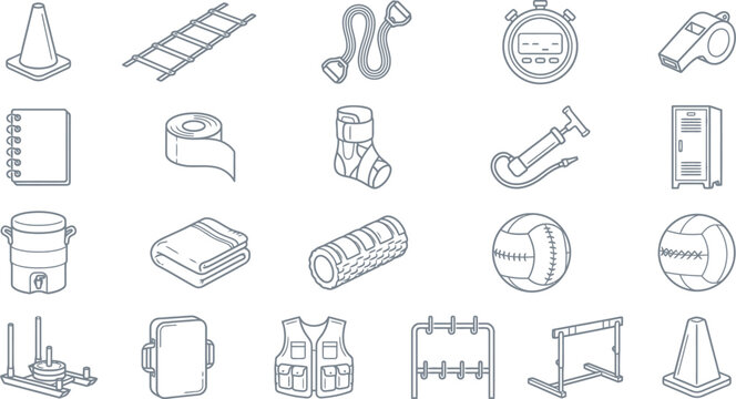 Collection of isometric line art icons representing various essential fitness training and athletic equipment items