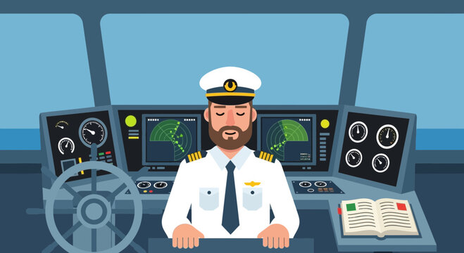 Ship captain focused on navigation from the bridge with radar screens in a maritime setting