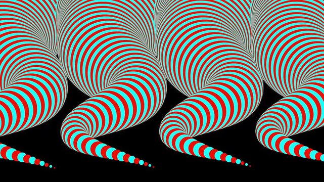 A vibrant, high-contrast psychedelic animation featuring repeating curved "worm" shapes composed of red and cyan stripes that create a powerful hypnotic optical illusion.