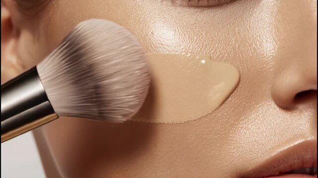 Flawless skin makeup brush applying foundation for glowing complexion close up makeup brush