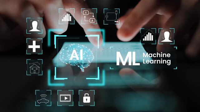 Modern Technology Concept with Human Hands Interacting with AI and Machine Learning Graphics for Innovation and Future Development Gluon.