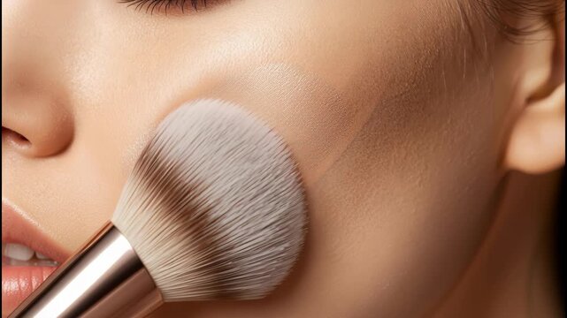 Soft makeup brush applying powder, bronzer and foundation for natural glow smooth cheek with