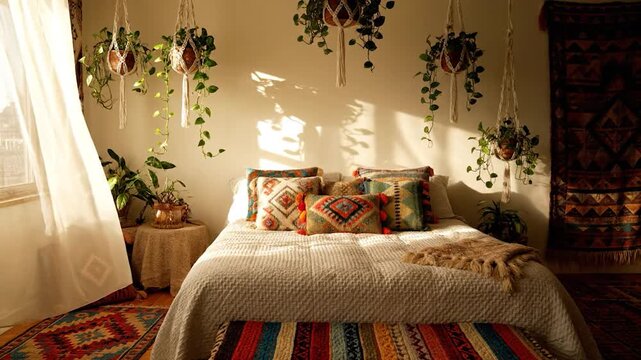 Bohemian Bedroom Interior with Macrame Plant Hangers and Warm Sunlight.