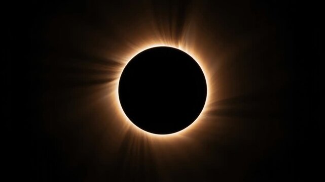 Solar eclipse glowing corona with dramatic and subtle rays surrounding dark moon sun celestial