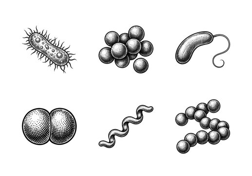 Scientific illustration of various bacteria types including cocci, bacilli, spirilla, and streptococci in a vintage woodcut engraving style