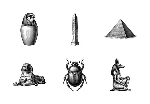 Set of ancient Egyptian symbols including canopic jar obelisk pyramid sphinx scarab beetle and anubis god in vintage engraving style