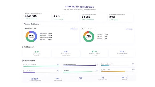 Interactive animated SaaS business metrics dashboard template: detailed MRR churn LTV CAC tracking with real-time subscription analytics visualization