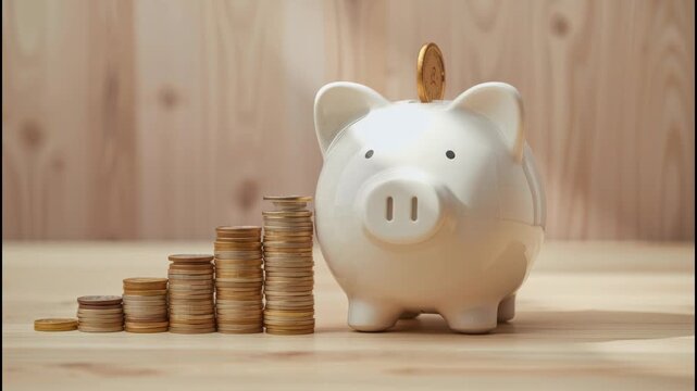White piggy bank coin stack savings finance money showing ascending stacked coin growth