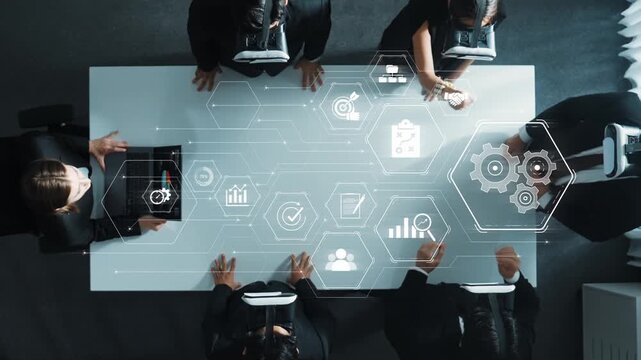 A modern business team collaborates using virtual reality technology for data analysis, enhancing strategy development and communication in a contemporary workspace. Raster