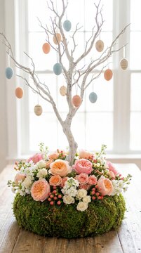 A creative and decorative Easter tree with colored eggs and vibrant flowers on table