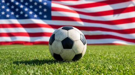 Fototapeta premium A soccer ball resting on the green grass field in front of the waving flag of the United States. Perfect for representing sports, patriotism, and international competitions