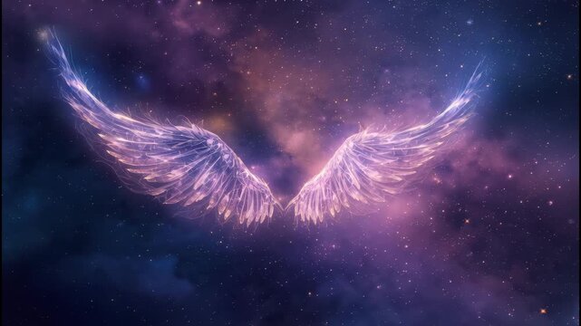 Ethereal angel wing silhouette glowing feather wings nebula galaxy glow in cosmic purple sky