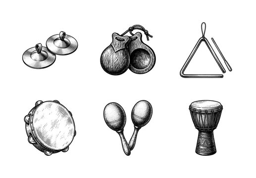 Vintage engraving style collection of percussion musical instruments including djembe drum, tambourine, maracas, triangle, castanets, and finger cymbals