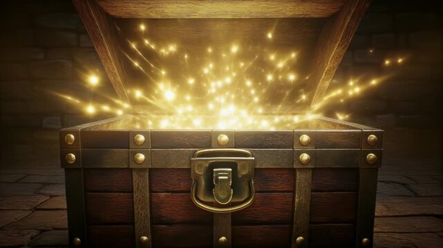 古びた宝箱からあふれる光が導く発見と希望の神秘的情景