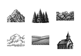 Obraz premium Vintage engraving style landscape collection featuring mountains, pine forest, clouds, rolling farm fields, and a rustic stone church
