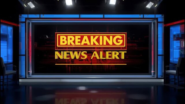Breaking news alert television studio set dramatic lighting reflective floor tv studio screen empty