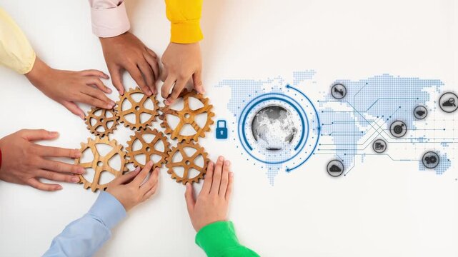 This image showcases diverse hands arranging wooden gears in a collaborative effort, symbolizing innovation and connectivity in a digital world with security elements. Raster