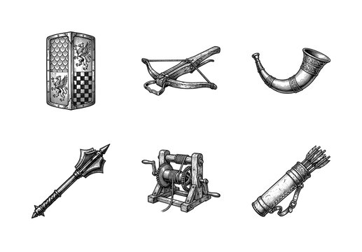 Medieval fantasy equipment and weaponry collection featuring engraved illustrations of a shield, crossbow, war horn, mace, winch, and arrow quiver