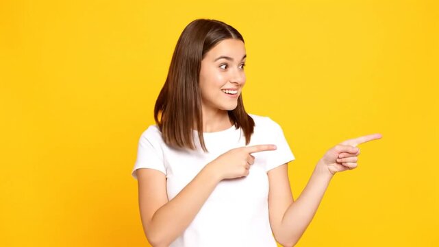 Cheerful young woman with brown hair pointing to the sides with both hands on a vibrant yellow background