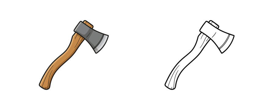 Sharp steel hand axe cartoon illustration with a curved wooden handle shown in both colored and line art styles for woodworking, forestry, or camping tools on a white background