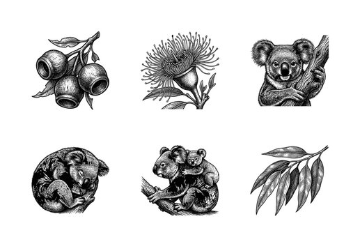 Vintage etching collection of koalas and eucalyptus botanical elements in black and white woodcut style