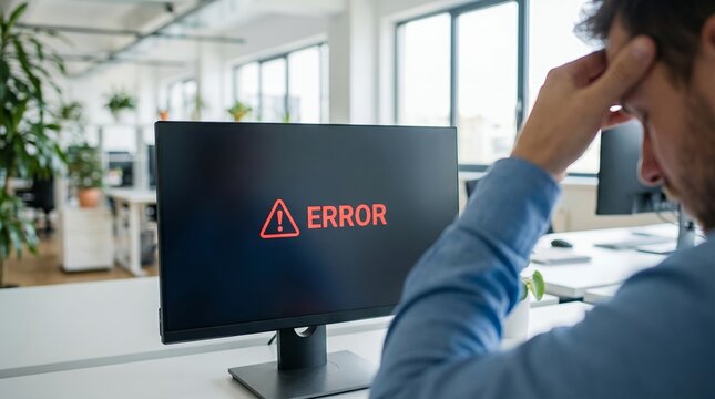 Frustrated man looking at red error message on computer screen