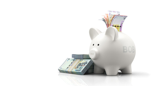 Piggy bank with Bolivian boliviano banknotes and BOB currency code