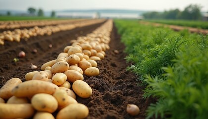 Fototapeta premium Rows of fresh potatoes and green carrot tops grow on a farm field. The soil is dark brown and fertile. Harvested vegetables are piled high, ready for sale.