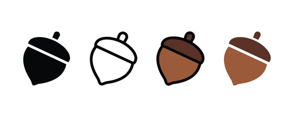 Set of four acorn icons in different styles, black, outline, and brown colors © Md