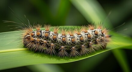 Fototapeta premium Caterpillar on Green Leaf Closeup.