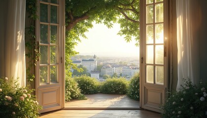 Fototapeta premium Open french doors frame city skyline view with lush green plants. Sunlight streams onto wooden deck and flowering bushes. Peaceful residential urban landscape.