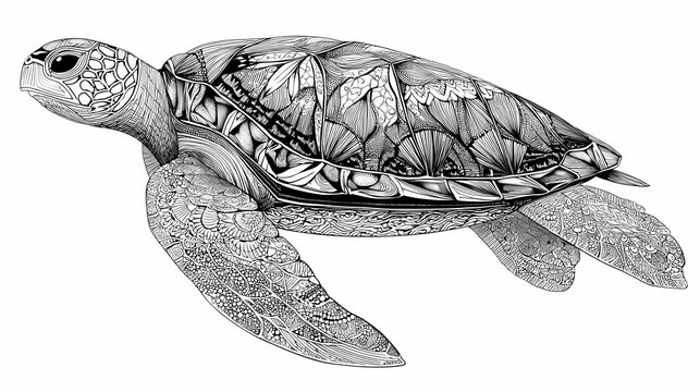 Detailed Black and White Illustration of a Sea Turtle Swimming Gracefully.