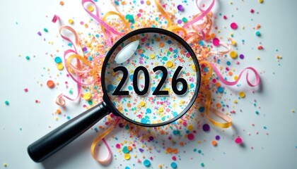 Obraz premium Magnifying glass focuses on 2026 year in colorful confetti and festive streamers. Anticipate new year planning goals resolutions and future events.