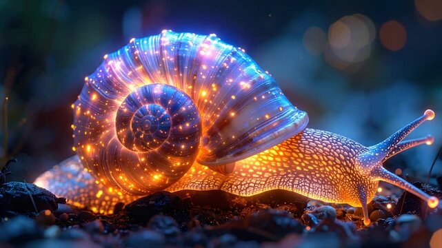 Glowing Spiral Shell Snail on Dark Surface with Bokeh Background