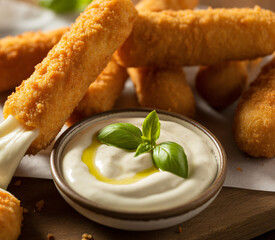 Crispy mozzarella sticks with creamy basil dip on wooden board