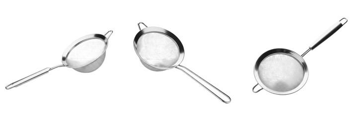 Set and collection of stainless steel fine mesh handheld strainers and kitchen sifters isolated on white transparent png background © fasterlife