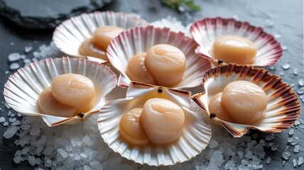 Fresh scallops served on half shell with sea salt