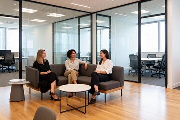 Obraz premium Three Professional Women Discussing in Modern Office