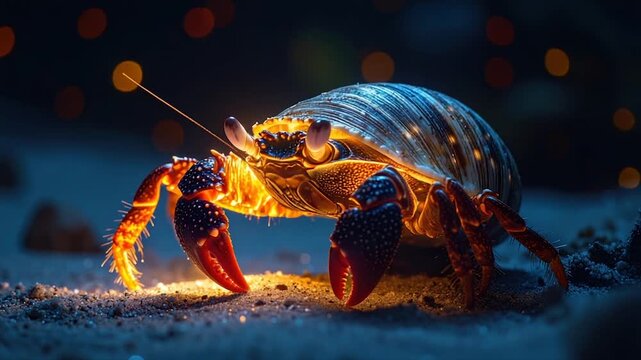 A glowing hermit crab with orange claws, shell, and body, on a sandy surface, bokeh background