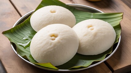 Traditional idlis served on banana leaf in steel plate