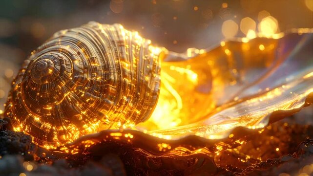 A golden, glowing seashell shell rests on a bed of earth-like texture