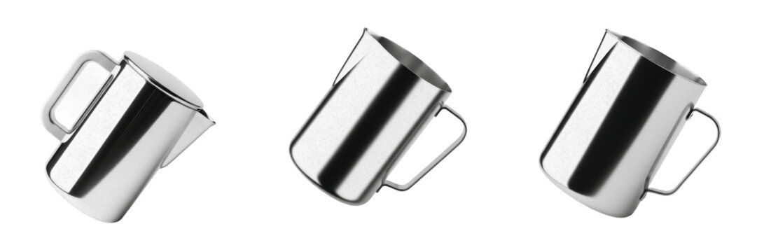 Set and collection of stainless steel milk frothing pitchers and polished metal creamers for coffee art isolated on white transparent png background