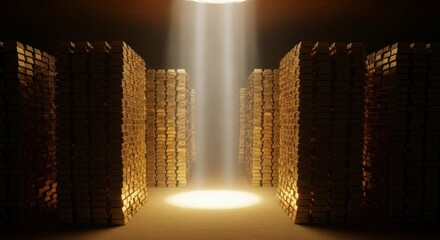 Dramatic light beams pierce a dusty underground chamber, revealing countless stacks of shimmering gold ingots within a hidden treasury, wealth, volumetric, luxury