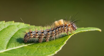 Fototapeta premium Caterpillar on Green Leaf Macro View.