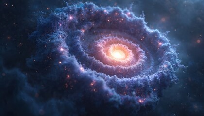 Fototapeta premium Abstract spiral nebula with glowing core, detailed cosmic dust texture, deep space background, stars twinkle. Swirling cloud formation with violet and blue hues, digital art.