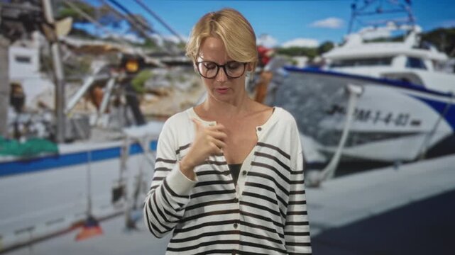 Woman pointing finger and holding a remote in front of a blurred boat backdrop in studio; instruction concentration.