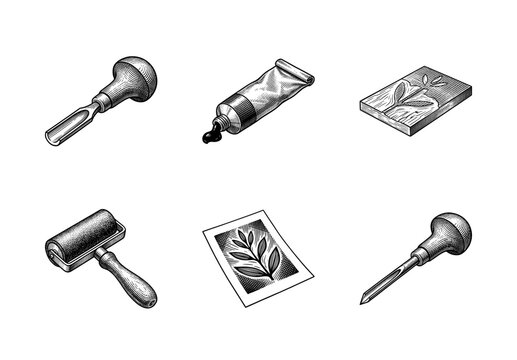 Linocut and woodblock printmaking tool set including gouges, brayer roller, ink tube, and carved block in vintage engraving style