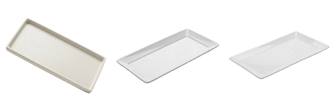 Set and collection of empty white rectangular ceramic plates and minimalist porcelain trays for serving food isolated on white transparent png background