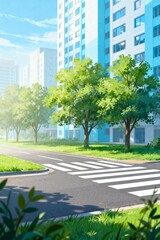 Obraz premium Urban Street with Trees and Modern Buildings