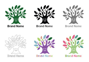 Colorful Tree Logos with Smiling Faces and Brand Name, Various Color Schemes and Styles